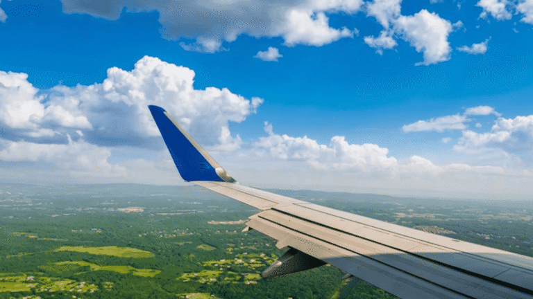View from a plane window showing a wing against a bright blue sky with fluffy white clouds. Below, green farmland stretches into the horizon.