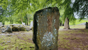 Ancient stone circle in a lush, green forest clearing. Prominent moss-covered stones stand upright, surrounded by smaller rocks and dappled sunlight.