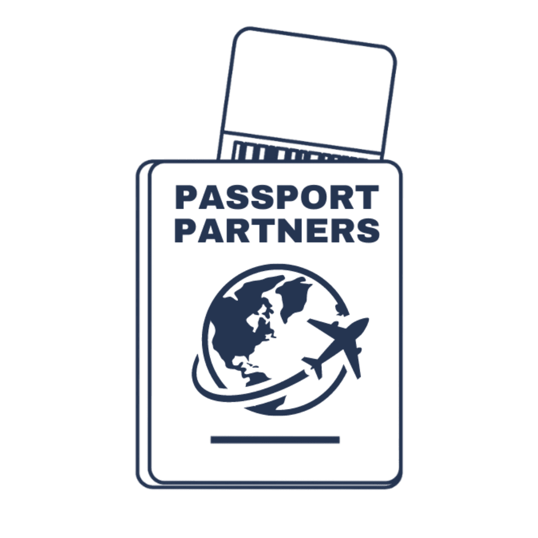 A dark blue passport icon features a globe and airplane graphic, with the text "Passport Partners" above it, set on a black background, conveying a travel theme.