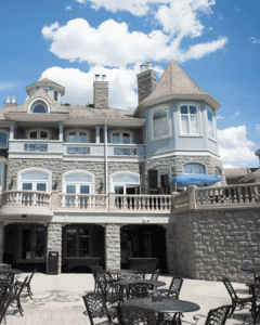 The castle-style stone exterior and patio at Vinoski Winery in Rostraver, Pennsylvania, near Pittsburgh